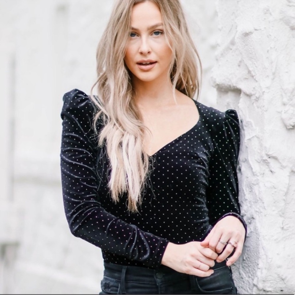 NWT Ronny Kobo Monique Black Studded Velvet Bodysuit Size Medium